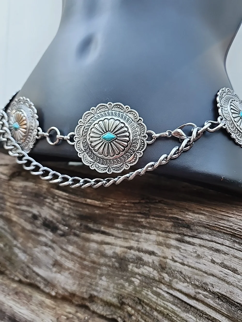 Silver Concho Chain Waist Belt with Turquoise Stone Accents